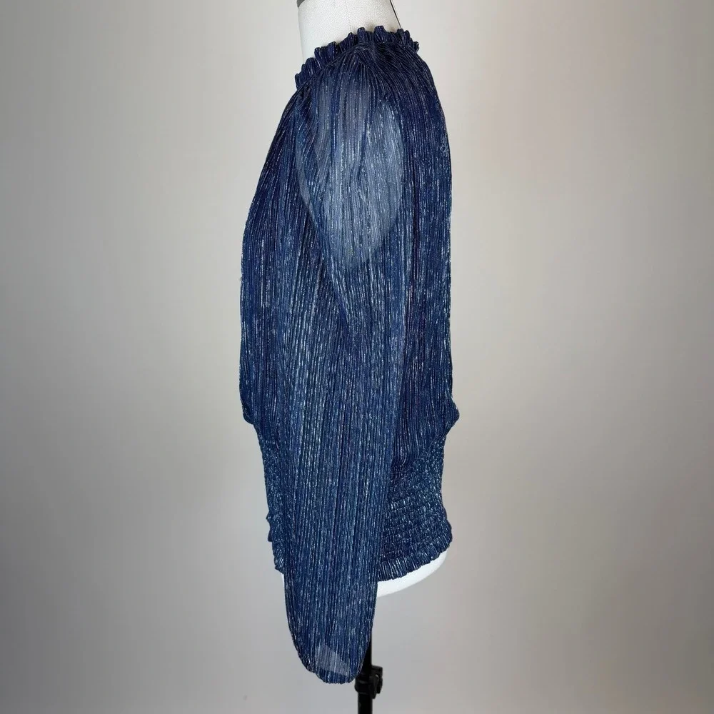 Joie Navy Blue Metallic Pleated Smocked High Neck Blouse Womens Large Party Glam - Picture 4 of 11